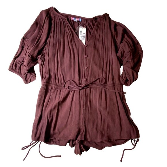 Urban Outfitters Brown Romper S V-Neck Button-Front Lace Sleeve Tie Waist 100% V - Picture 8 of 12